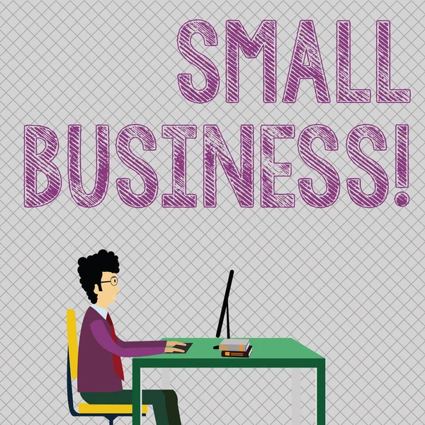 Εννοιολογική γραφή στο χέρι που δείχνει μικρές επιχειρήσεις. Επαγγελματική φωτογραφία που προβάλλει ανεξάρτητη ιδιοκτησία και λειτουργία εταιρεία περιορισμένη σε μέγεθος επιχειρηματίας κάθεται στην καρέκλα εργασίας στον υπολογιστή και τα βιβλία. — Φωτογραφία Αρχείου