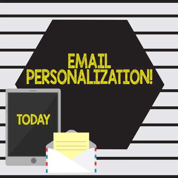 Word writing text Email Personalization. Business concept for allows to insert demonstratingal data into the email template Open Envelope with Paper and Blank Tablet Screen on Colorful Blank Space.