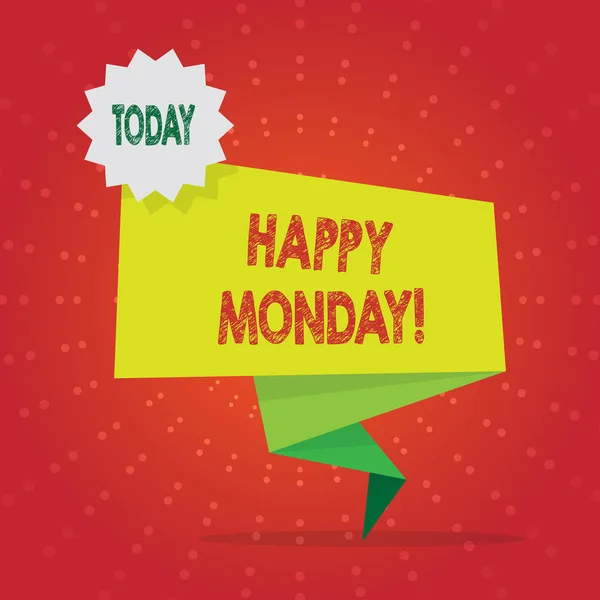 Writing note showing Happy Monday. Business photo showcasing telling that demonstrating order to wish him great new week Two Tone Green Folded Back Banner Strip with Stamp Sticker. — Stock Photo, Image