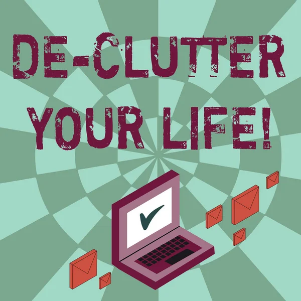 Writing note showing De Clutter Your Life. Business photo showcasing remove unnecessary items from untidy or overcrowded places Mail Envelopes around Laptop with Check Mark icon on Monitor.