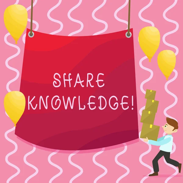 Text sign showing Share Knowledge. Conceptual photo exchanged among showing friends families communitiesor Man Carrying Pile of Boxes with Blank Tarpaulin in the Center and Balloons.