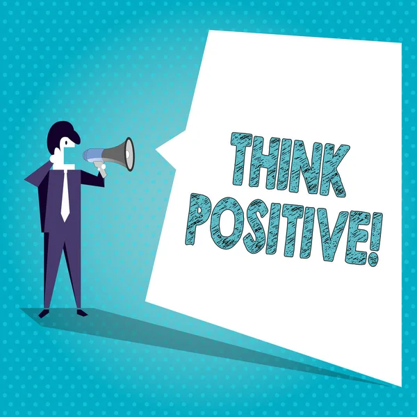 Text sign showing Think Positive. Conceptual photo mental attitude in wich you expect good and favorable results Businessman Shouting on Megaphone and Blank White Uneven Shape Speech Bubble. — Stock Photo, Image