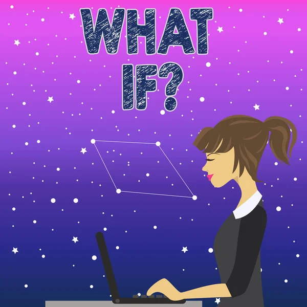 Handwriting text What If Question. Concept meaning when you are asking about condition or supposition photo of Young Busy Woman Sitting Side View and Working on her Laptop.