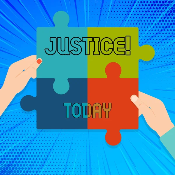 Writing note showing Justice. Business photo showcasing impartial adjustment of conflicting claims or assignments Multi Color Jigsaw Puzzle Pieces Put Together by Human Hands. — Stock Photo, Image