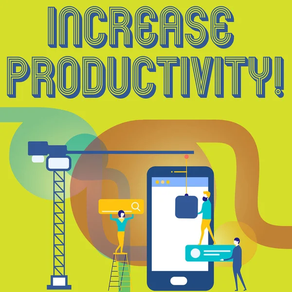 Signo de texto que muestra Aumentar la productividad. Foto conceptual Mejorar la eficiencia de los procesos de producción Personal Trabajando juntos para alcanzar un objetivo común con los iconos de procesos SEO . — Foto de Stock