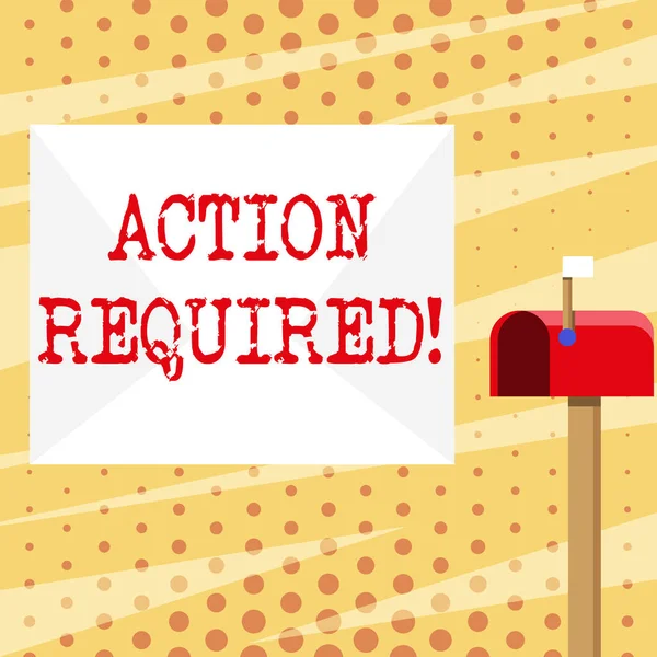 Conceptueel handschrift waarin actie vereist is. Zakelijke fotopresentatie ontvanger dat afzender taak worden ingevuld binnen deadline witte envelop en rode mailbox met kleine vlag omhoog signalering. — Stockfoto