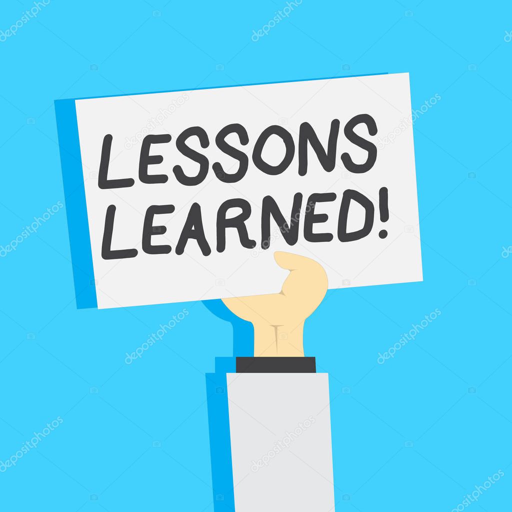 Handwriting text writing Lessons Learned. Concept meaning learning gained from process of performing project Clipart of Hand Holding Up Blank Sheet of White Paper on Pastel Backdrop.