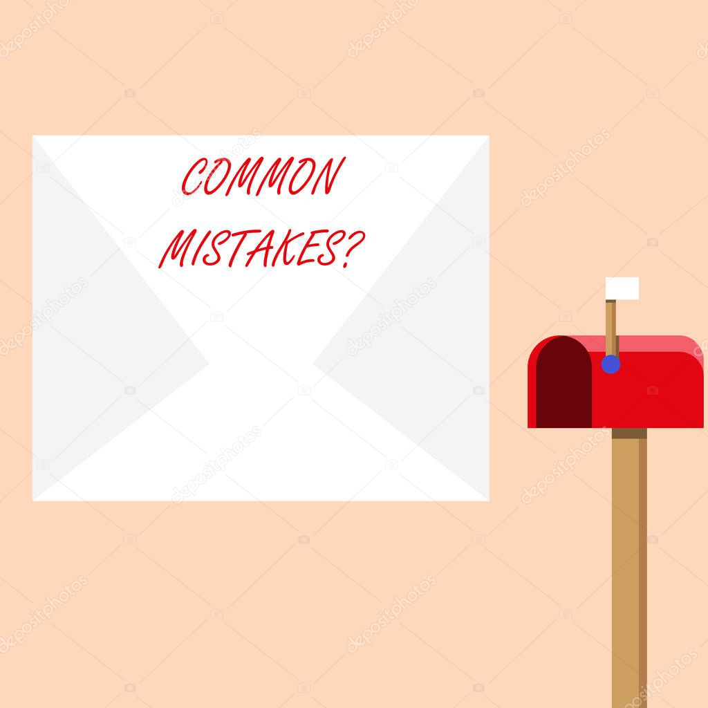 Handwriting text writing Common Mistakes question. Concept meaning repeat act or judgement misguided or wrong Blank Big White Envelope and Open Red Mailbox with Small Flag Up Signalling.