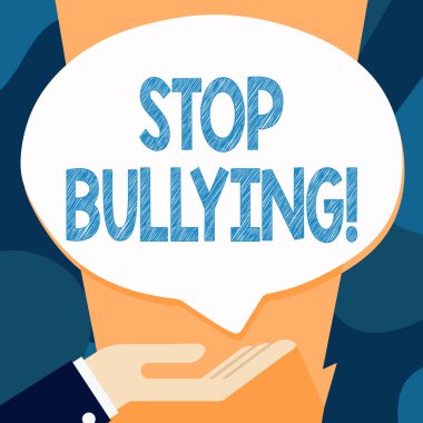 Zorbalık durdur gösteren Not yazma. Çocuk güç dengesizlik Palm up Supine pozisyon bağış el Işareti konuşma kabarcık arasında hiçbir agresif davranış vitrinde iş fotoğrafı.