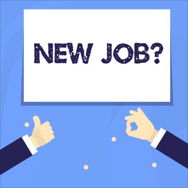 Yeni Iş sorusu gösteren kavramsal el yazısı. Birisi onlar uygun olup olmadığını öğrenmek sordu resmi toplantı vitrine iş fotoğrafı iki işadamları eller kadar başparmak ve okay işareti gesturing