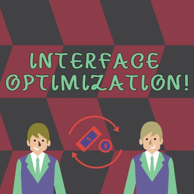 Arabirim optimizasyonu gösteren metin işareti. Kavramsal fotoğraf en etkili tasarım Kullanıcı Iki iş adamları arasında dönen oklar Içinde dolar döviz Işareti para etkileşime girebilir.