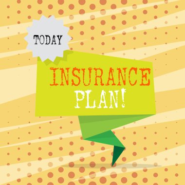 Sigorta planını gösteren kavramsal el yazısı. İş fotoğraf vitrinde risk kapak sabit gelir iade güvenliği gibi faydaları sağlamak Iki ton yeşil katlanmış geri Banner Strip damga Sticker ile.