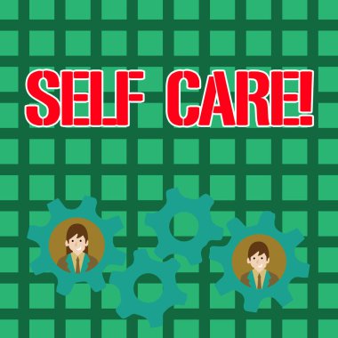 Kendini Bakımı gösteren Not yazma. İş fotoğraf koruma veya kendi sağlığını geliştirmek için eylem alma uygulama vitrine iki iş insanları içinde COG tekerlek dişli takım çalışması için olay.