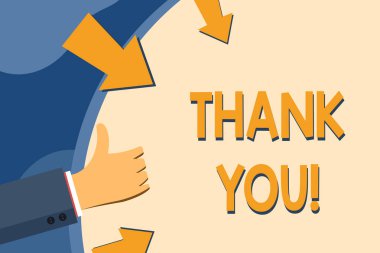 Text sign showing Thank You. Conceptual photo polite expression used when acknowledging gift service compliment Hand Gesturing Thumbs Up and Holding on Blank Space Round Shape with Arrows. clipart