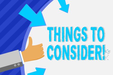 Kavramsal el yazma şeyler göz önünde bulundurulması. İş fotoğraf vitrinde bir şey dikkatle sipariş karar el Gesturing thumbs yukarı Holding yuvarlak şekil oklar ile yapmak için düşünmek.