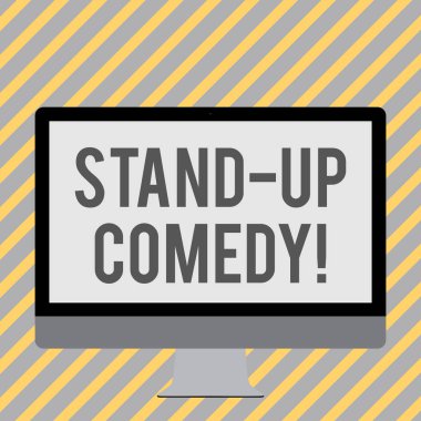 Kavramsal el yazma göstermek stand up komedi. Komedyen ön canlı izleyici gerçekleştirir komik tarzı vitrine iş fotoğraf teknoloji için bir stand üzerinde beyaz bilgisayar monitör Widescreen.