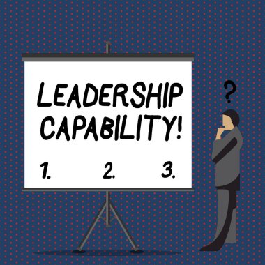 Liderlik yeteneğini gösteren metin işareti. Kavramsal fotoğraf yeteneği başkalarının başarılı bir şekilde baş ayakta yanında boş ekran altında soru Işareti ile Işadamı kurşun etkilemek için.