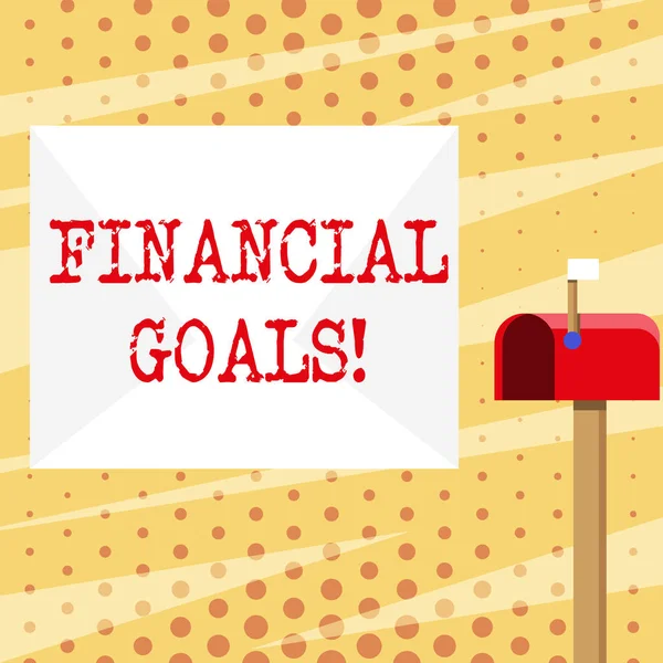 Conceptual hand writing showing Financial Goals. Business photo showcasing targets usually driven by specific future financial needs White Envelope and Red Mailbox with Small Flag Up Signalling.