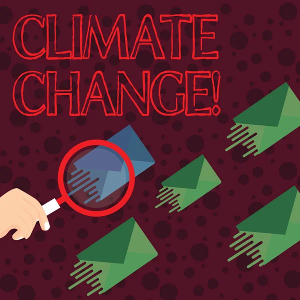 Handwriting text writing Climate Change. Concept meaning difference in global or regional climate very quickly Magnifying Glass on One Different Color Envelope and others has Same Shade. — Stock Photo, Image