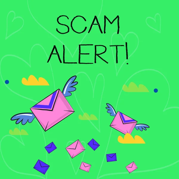 Koncepcyjnego pisania ręcznego pokazano Scam Alert. Business Photo prezentuje oszukańczy uzyskać pieniądze od ofiary, przekonując go kolorowe koperty list Airmail i dwa z nich ze skrzydłami. — Zdjęcie stockowe