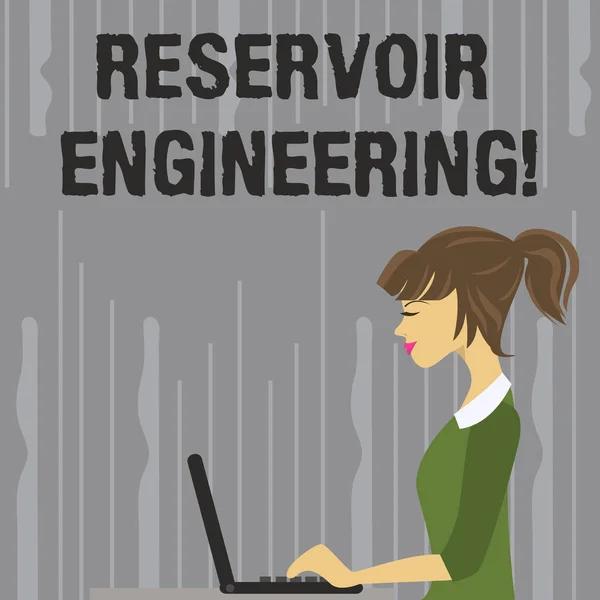 Handwriting text writing Reservoir Engineering. Concept meaning evelopment and production of oil and gas reservoirs photo of Young Busy Woman Sitting Side View and Working on her Laptop. — Stock Photo, Image