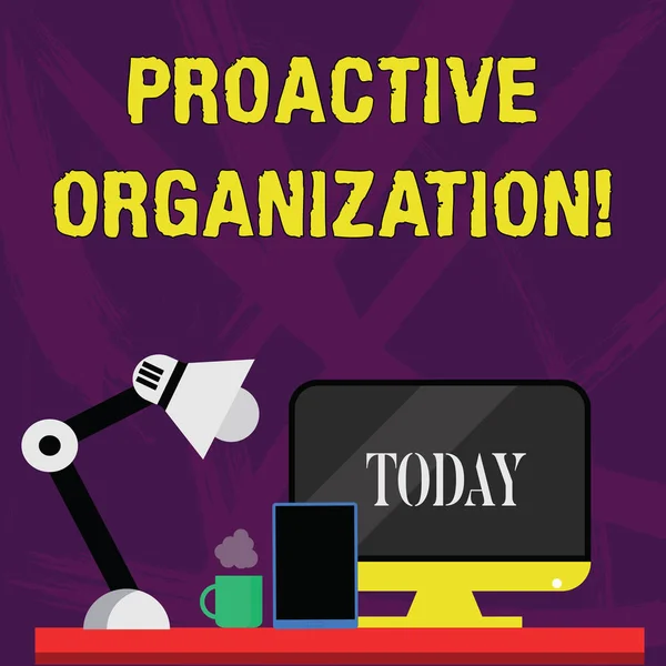 Word writing text Proactive Organization. Business concept for Action and result oriented behavior of a company Arrangement of Workspace for Nightshift Worker with Computer,Tablet and Lamp. — Stock Photo, Image