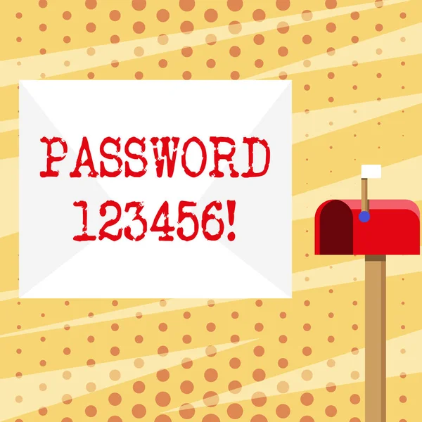 Conceptual hand writing showing Password 123456. Business photo showcasing secret word phrase must used gain admission to place White Envelope and Red Mailbox with Small Flag Up Signalling.