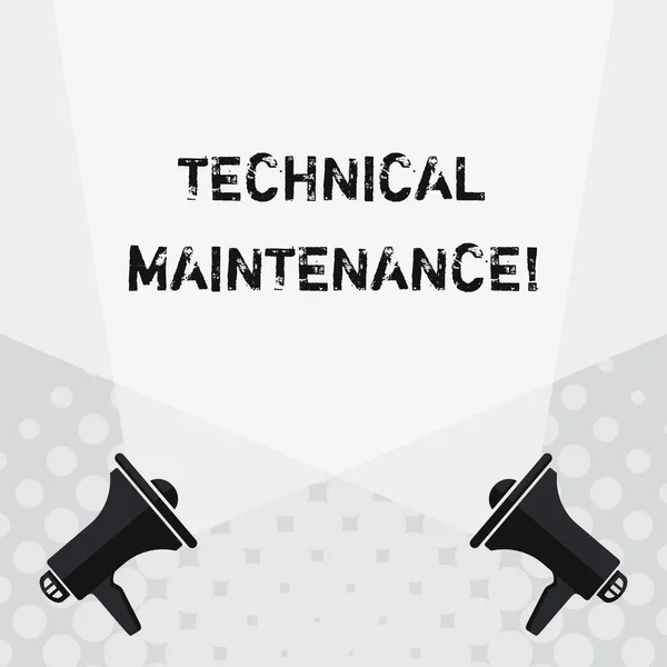 Text sign showing Technical Maintenance. Conceptual photo Functional checks or replacing of necessary devices Blank Double Spotlight Crisscrossing Upward from Two Megaphones on the Floor.