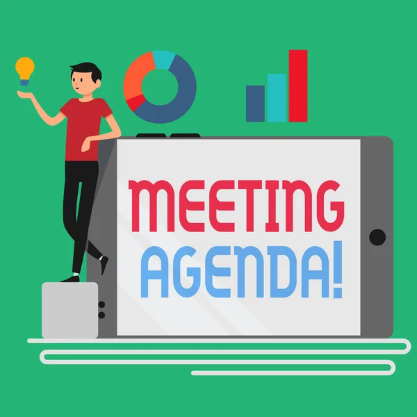 Text sign showing Meeting Agenda. Conceptual photo list items that participants hope to accomplish at meetings Man Leaning on Blank Smartphone Turned on Its Side with Graph and Idea Icon.