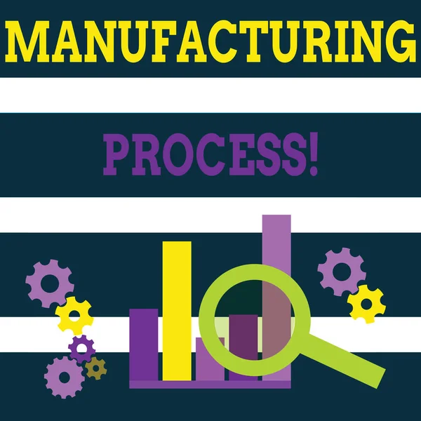 Writing note showing Manufacturing Process. Business photo showcasing steps which raw materials changed into a final product Magnifying Glass On Chart beside Cog Wheel Gear for Analysis. — Stok fotoğraf