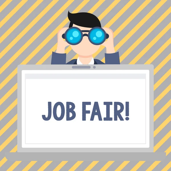 Text sign showing Job Fair. Conceptual photo event in which employers recruiters give information to employees Man Holding and Looking into Binocular Behind Open Blank Space Laptop Screen. — Stock Photo, Image
