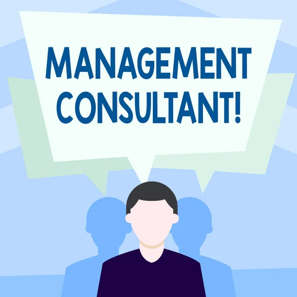 Writing note showing Management Consultant. Business photo showcasing gives professional advice about how to run a company Faceless Man has Two Shadows with Speech Bubble Overlapping.