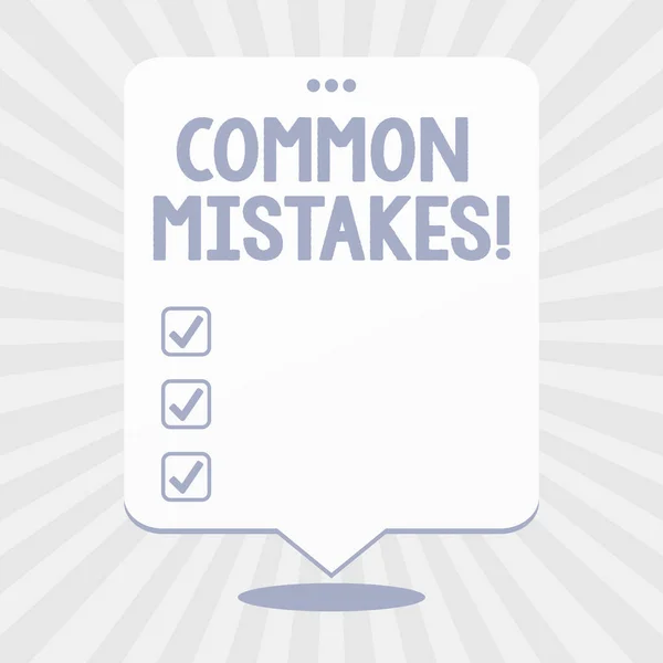 Word writing text Common Mistakes. Business concept for repeat act or judgement misguided making something wrong Blank Space White Speech Balloon Floating with Three Punched Holes on Top. — Stockfoto
