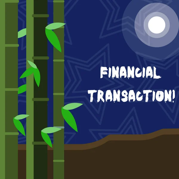 Text sign showing Financial Transaction. Conceptual photo Transactions in financial assets and liabilities Colorful Sets of Leafy Bamboo on Left Side and Moon or Sun with Round Beam.