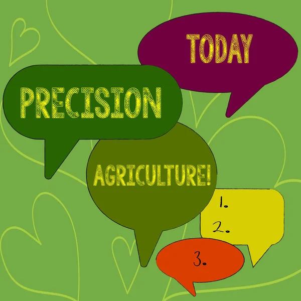 Writing note showing Precision Agriculture. Business photo showcasing modern farming practices for efficient production Speech Bubble in Different Sizes and Shade Group Discussion.