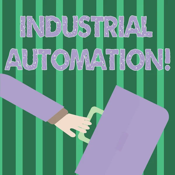 Hand SKRIFTS text industriell automation. Begrepp mening användning av styr system för att hantera industriell process rusar affärs man arm vajade längre tillbaka och hand Holding färg portföljen. — Stockfoto