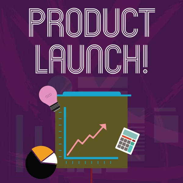 Word writing text Product Launch. Business concept for when company decides to release new product in market Investment Icons of Pie and Line Chart with Arrow Going Up, Bulb, Calculator.