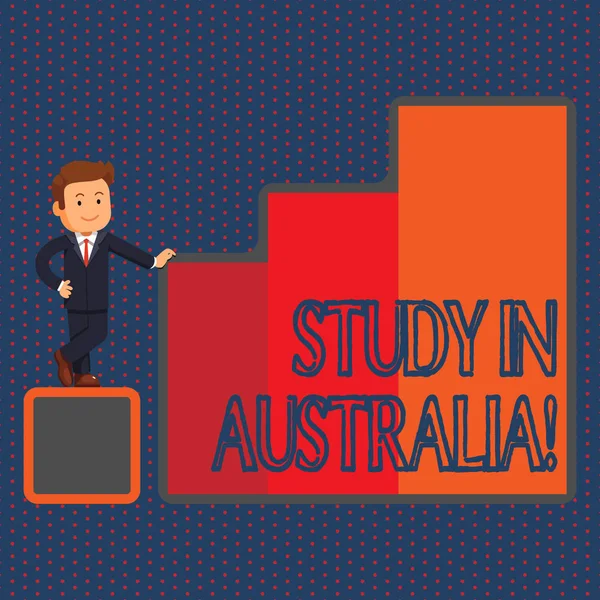 Conceptual hand writing showing Study In Australia. Business photo text going into foreign country order complete your studies Businessman Presenting Growth and Success in Graph Columns.