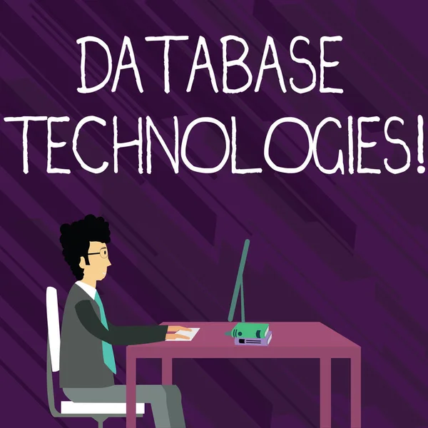 Text sign showing Database Technologies. Conceptual photo Organization of a collection of data in digital format Businessman Sitting Straight on Chair Working on Computer and Books on Table.
