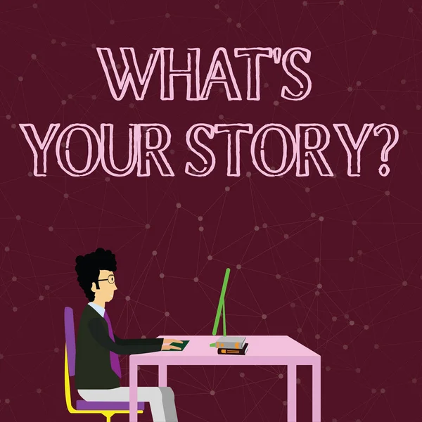 Handwriting text writing What S Is Your Story question. Concept meaning being asked by someone about my own journey from beginning till now Businessman Sitting Straight on Chair Working on Computer