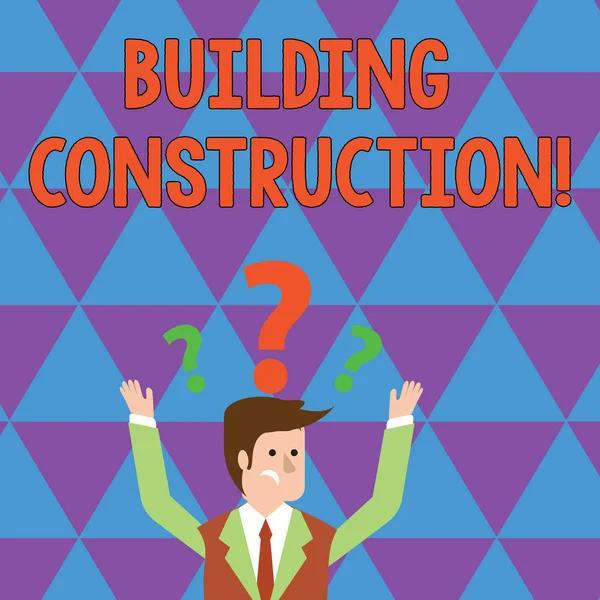Writing note showing Building Construction. Business photo showcasing process of adding structure to real property Businessman Raising Both Arms with Question Marks Above Head. — Stock Photo, Image