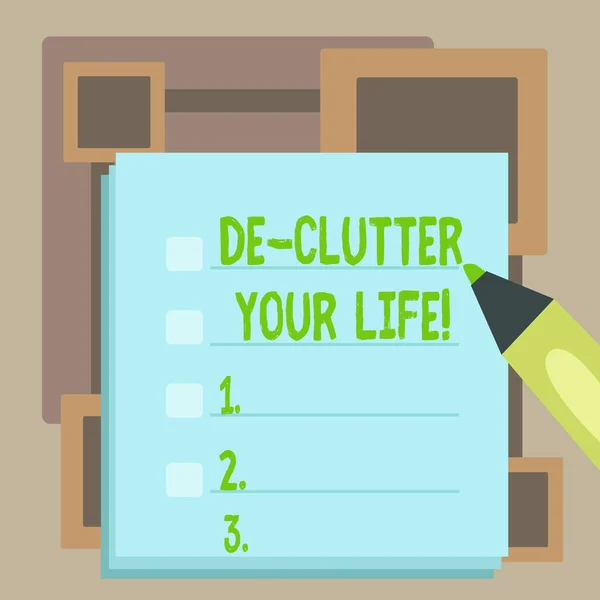Handwriting text De Clutter Your Life. Concept meaning remove unnecessary items from untidy or overcrowded places Blank Colorful To Do Check List Planner Sheets with Tick Box and Marker Pen.