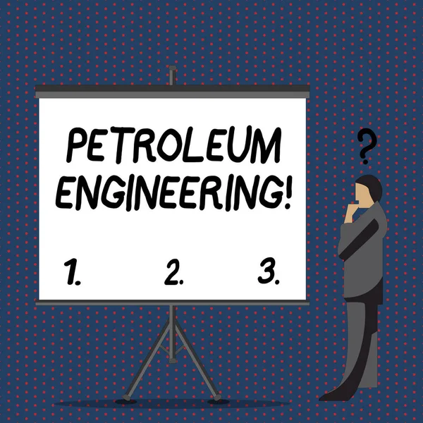 Text sign showing Petroleum Engineering. Conceptual photo Activities related to the production of hydrocarbons Businessman with Question Mark Above his Head Standing Beside Blank Screen. — Stock Photo, Image