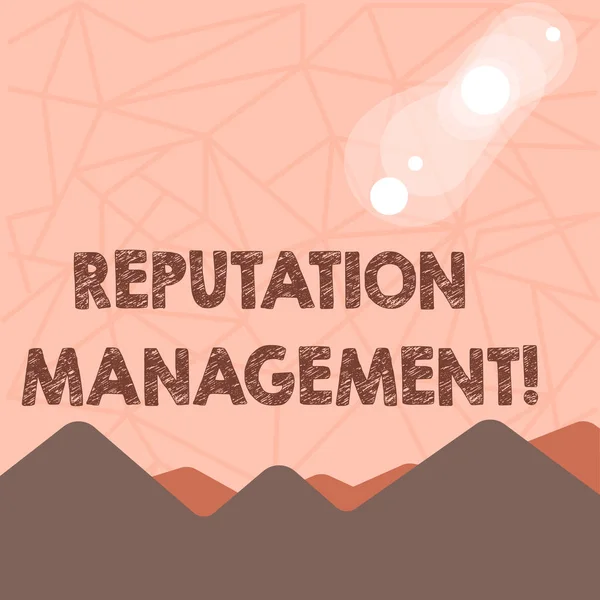 Writing note showing Reputation Management. Business photo showcasing Influencing and controlling of ones reputation View of Colorful Mountains and Hills Lunar and Solar Eclipse.