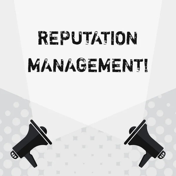 Text sign showing Reputation Management. Conceptual photo Influencing and controlling of ones reputation Blank Double Spotlight Crisscrossing Upward from Two Megaphones on the Floor.