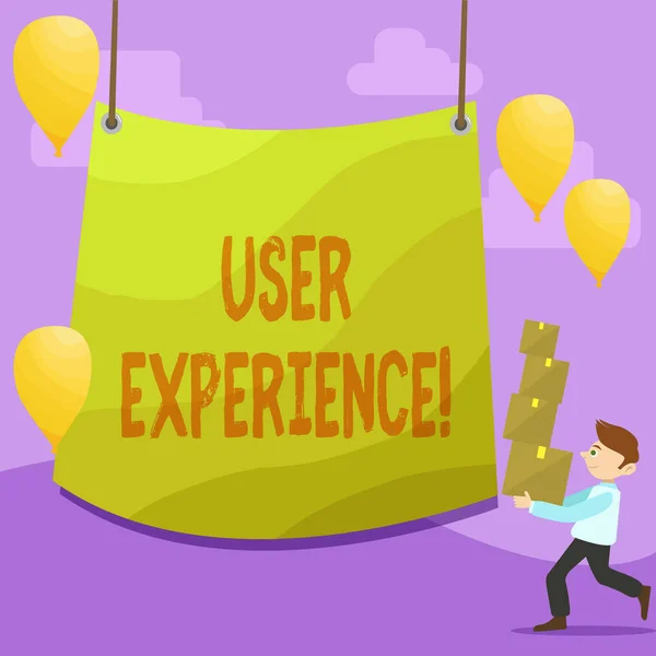 Handwriting text writing User Experience. Concept meaning demonstratings emotions and attitudes about using product system Man Carrying Pile of Boxes with Blank Tarpaulin in the Center and Balloons. — Stock Photo, Image