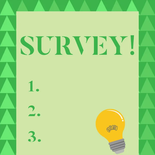 Conceptual hand writing showing Survey. Business photo showcasing research method used for collecting data from a predefined group Light Bulb with Filament Inside Resting on Blank Color Paper.