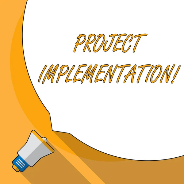 Conceptual hand writing showing Project Implementation. Business photo showcasing phase where visions and plans become reality White Speech Bubble Occupying Half of Screen and Megaphone. — Stock Fotó