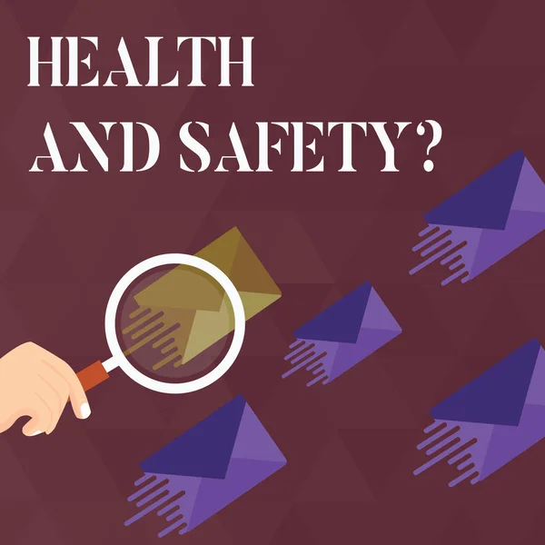 Handwriting text Health And Safety Question. Concept meaning regulations and procedures to prevent accident or injury Magnifying Glass on One Different Color Envelope and others has Same Shade.