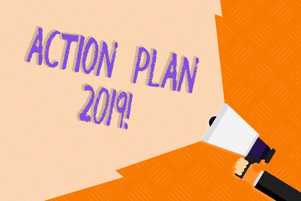 Conceptual hand writing showing Action Plan 2019. Business photo text proposed strategy or course of actions for current year Hand Holding Megaphone with Wide Beam Extending the Volume.